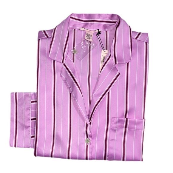 Victorias Secret SILKY SATIN Pajamas Jacket Top Only Lilac Striped - Picture 2 of 4